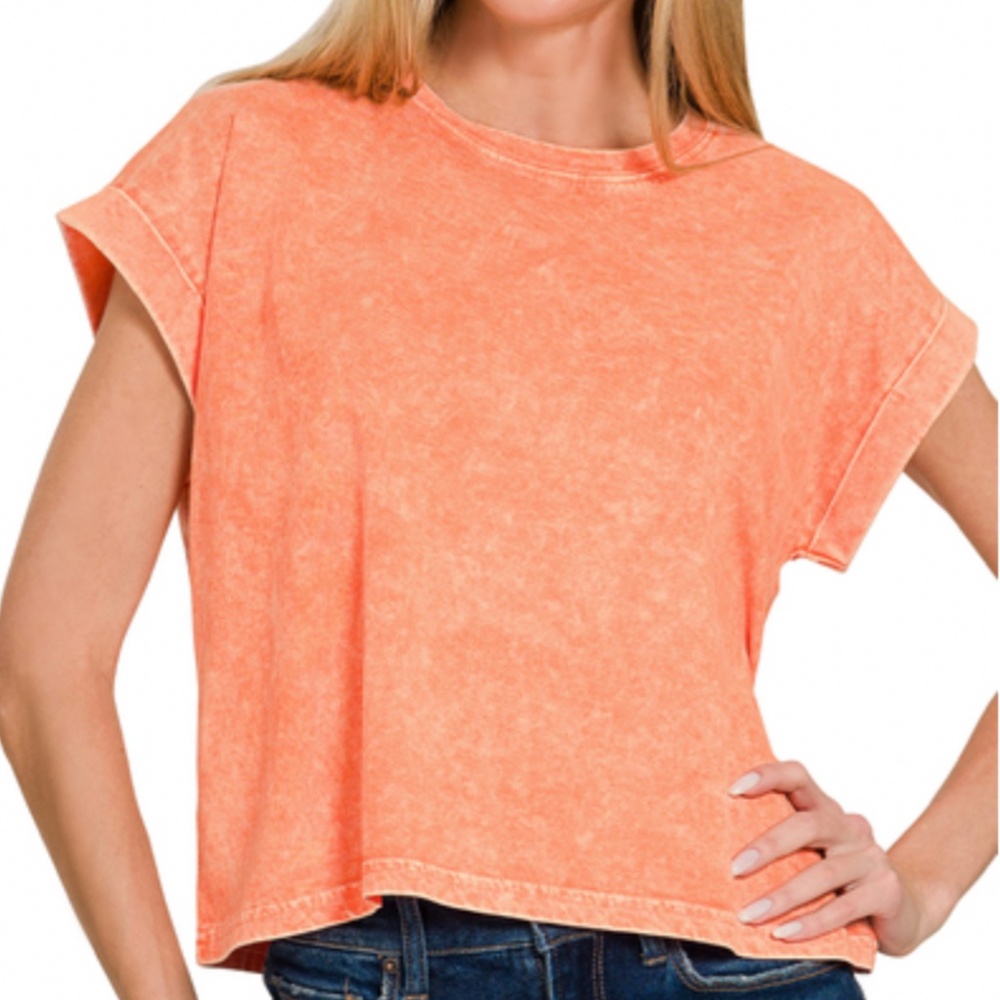 ❤️ ZENANA “ BETH “ ZENANA WASHED COTTON CUFFED SHORT SLEEVE TOP 62